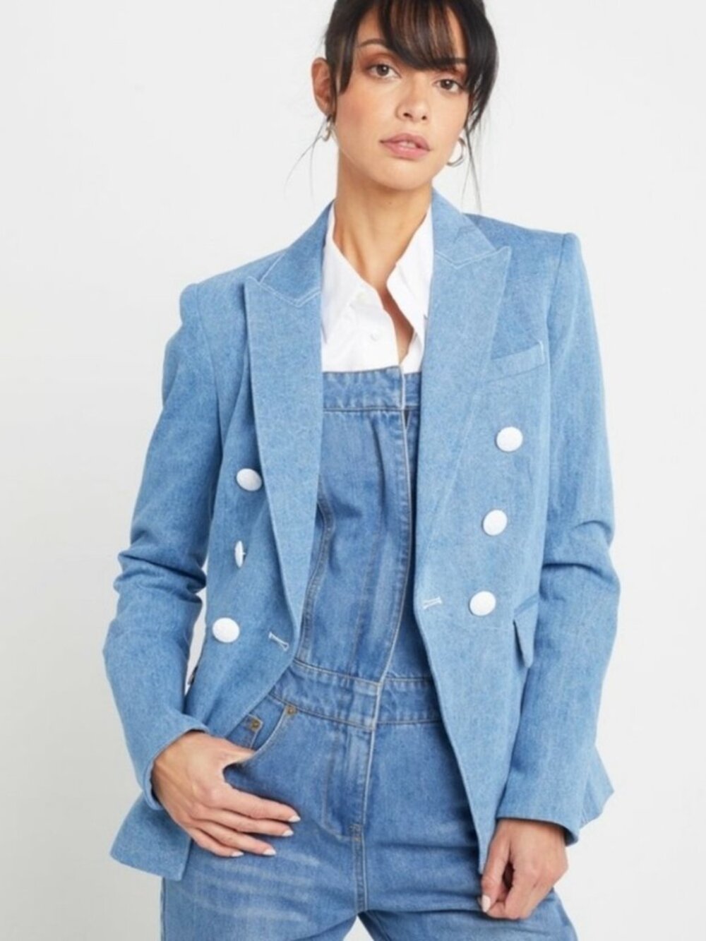Kourt Revolve Fern Denim Double-Breasted Blazer W White Heraldic Buttons M